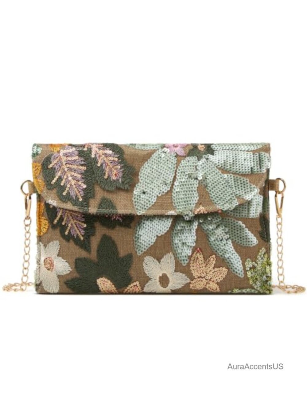 Floral Embroidered Sequin Beaded Clutch Evening Bag with Chain